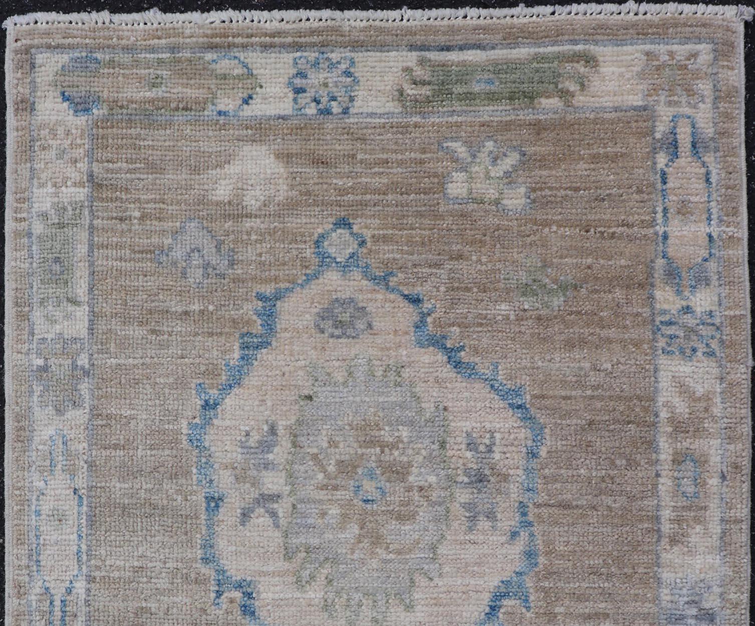 Hand-Knotted Modern Oushak Rug with Taupe Accents of Sky Blue and Sage Green 2'0 x 2'8 For Sale