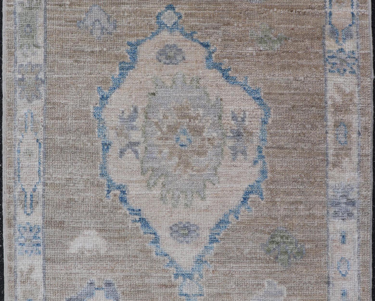 Modern Oushak Rug with Taupe Accents of Sky Blue and Sage Green 2'0 x 2'8 In New Condition For Sale In Atlanta, GA