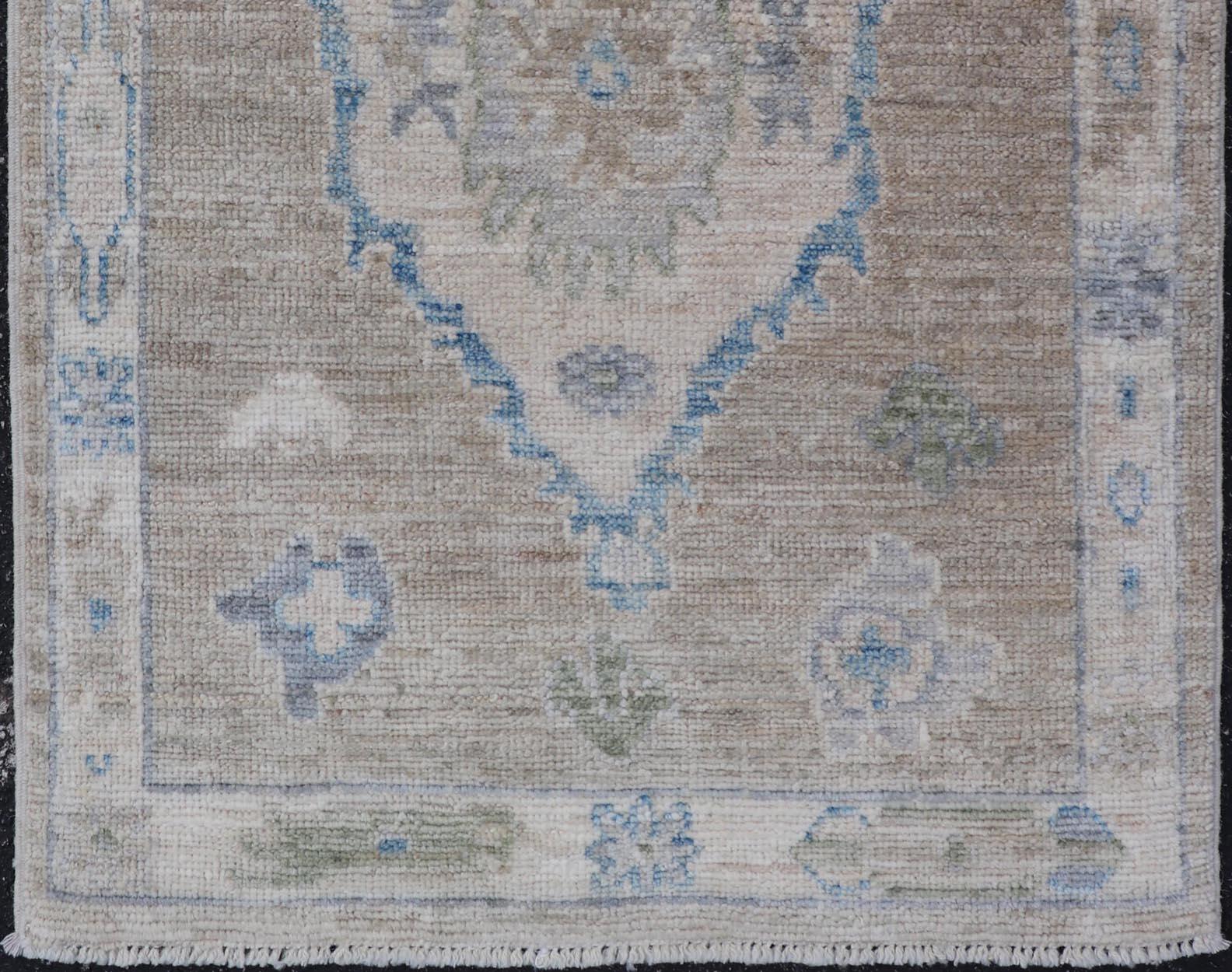 Contemporary Modern Oushak Rug with Taupe Accents of Sky Blue and Sage Green 2'0 x 2'8 For Sale