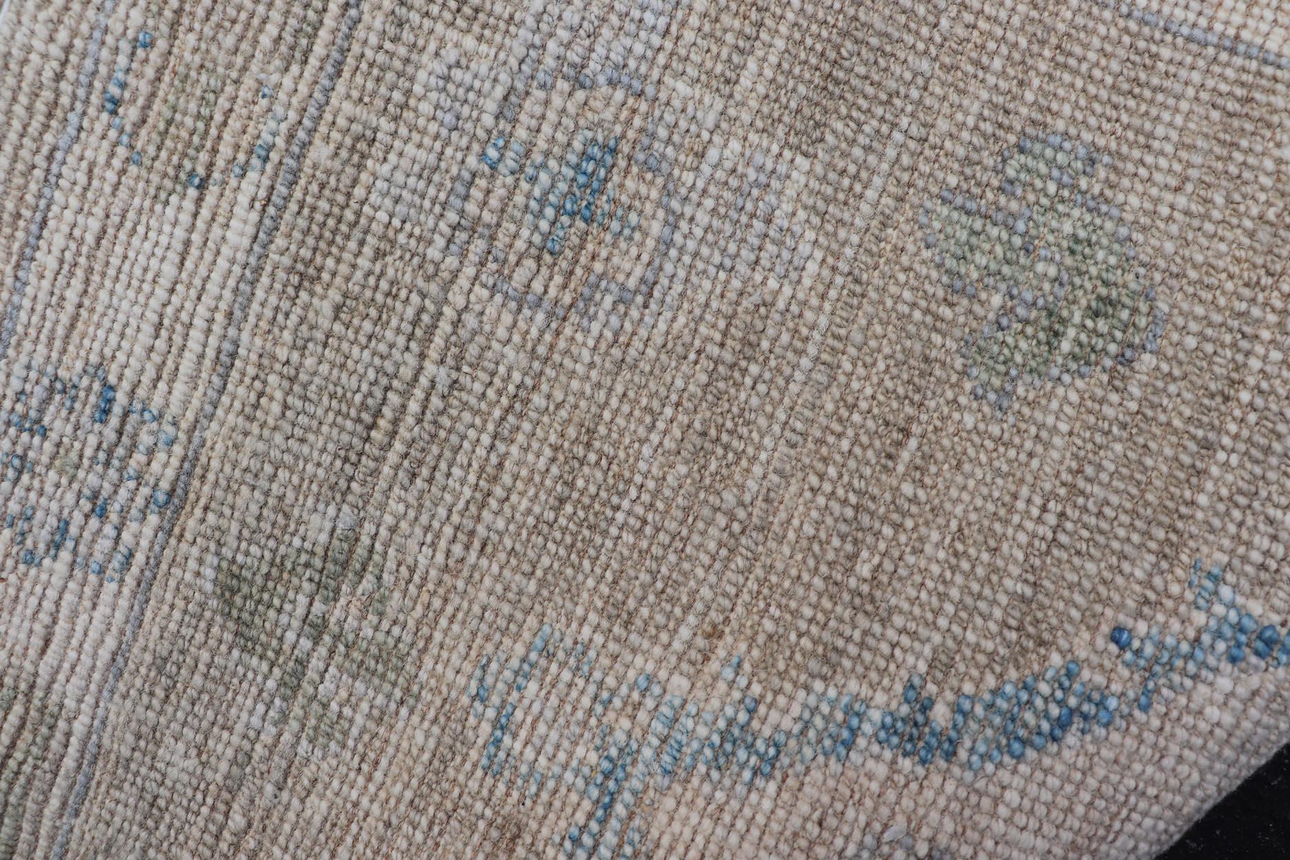 Wool Modern Oushak Rug with Taupe Accents of Sky Blue and Sage Green 2'0 x 2'8 For Sale