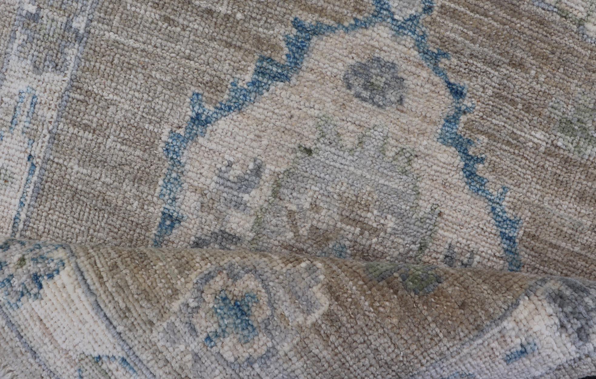 Modern Oushak Rug with Taupe Accents of Sky Blue and Sage Green 2'0 x 2'8 For Sale 1