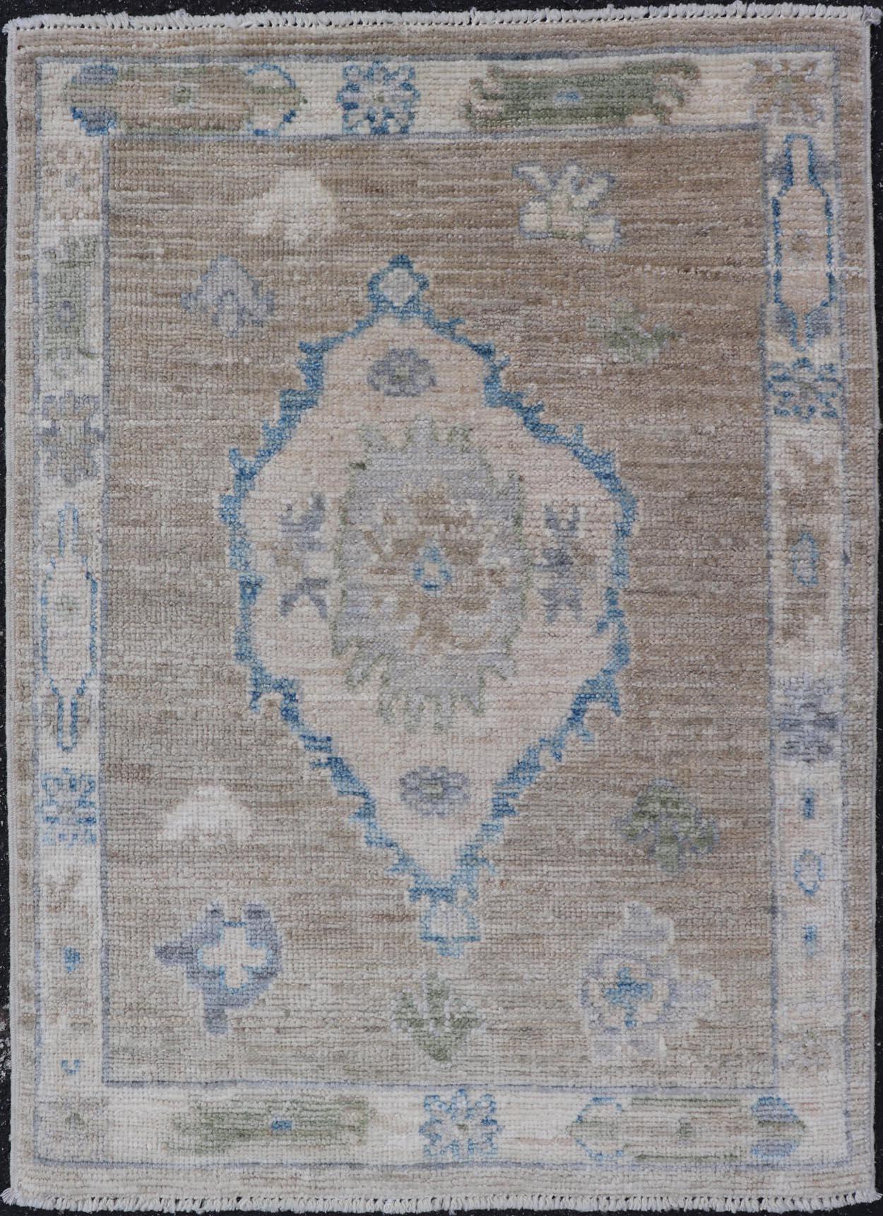 Modern Oushak Rug with Taupe Accents of Sky Blue and Sage Green 2'0 x 2'8 For Sale