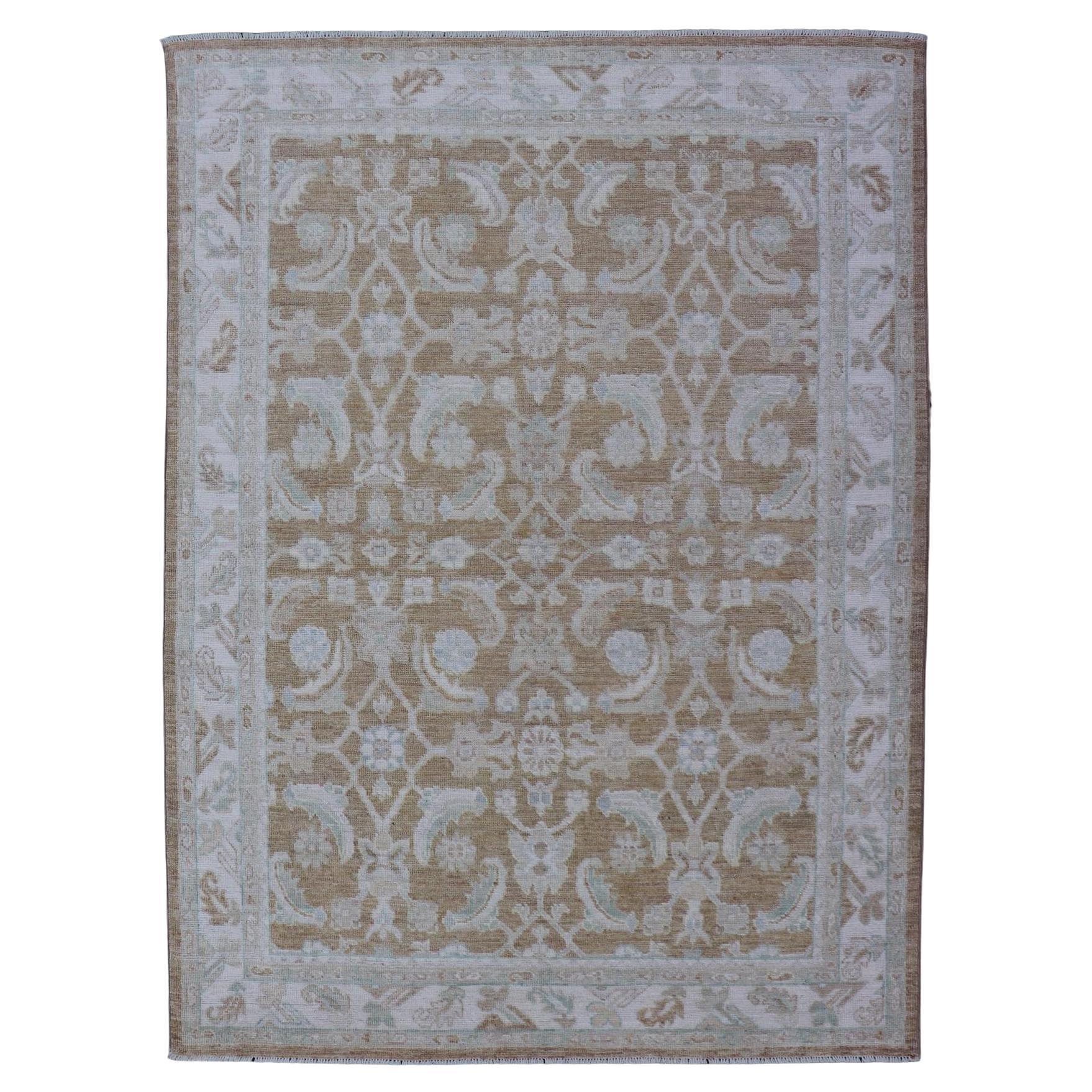 Modern Oushak Rug with Warm Taupe Base and Ivory Accents 5'1 x 7'7