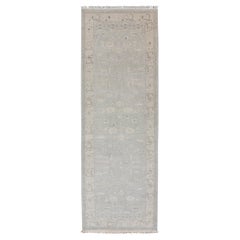 Modern Oushak Runner in Gray, Light Blue Gray, Cream, Taupe and Neutral Tones