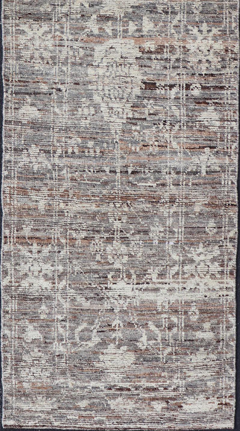 Afghan Modern Oushak Runner in Wool with Floral Design in Shades of Gray, Brown, Cream For Sale