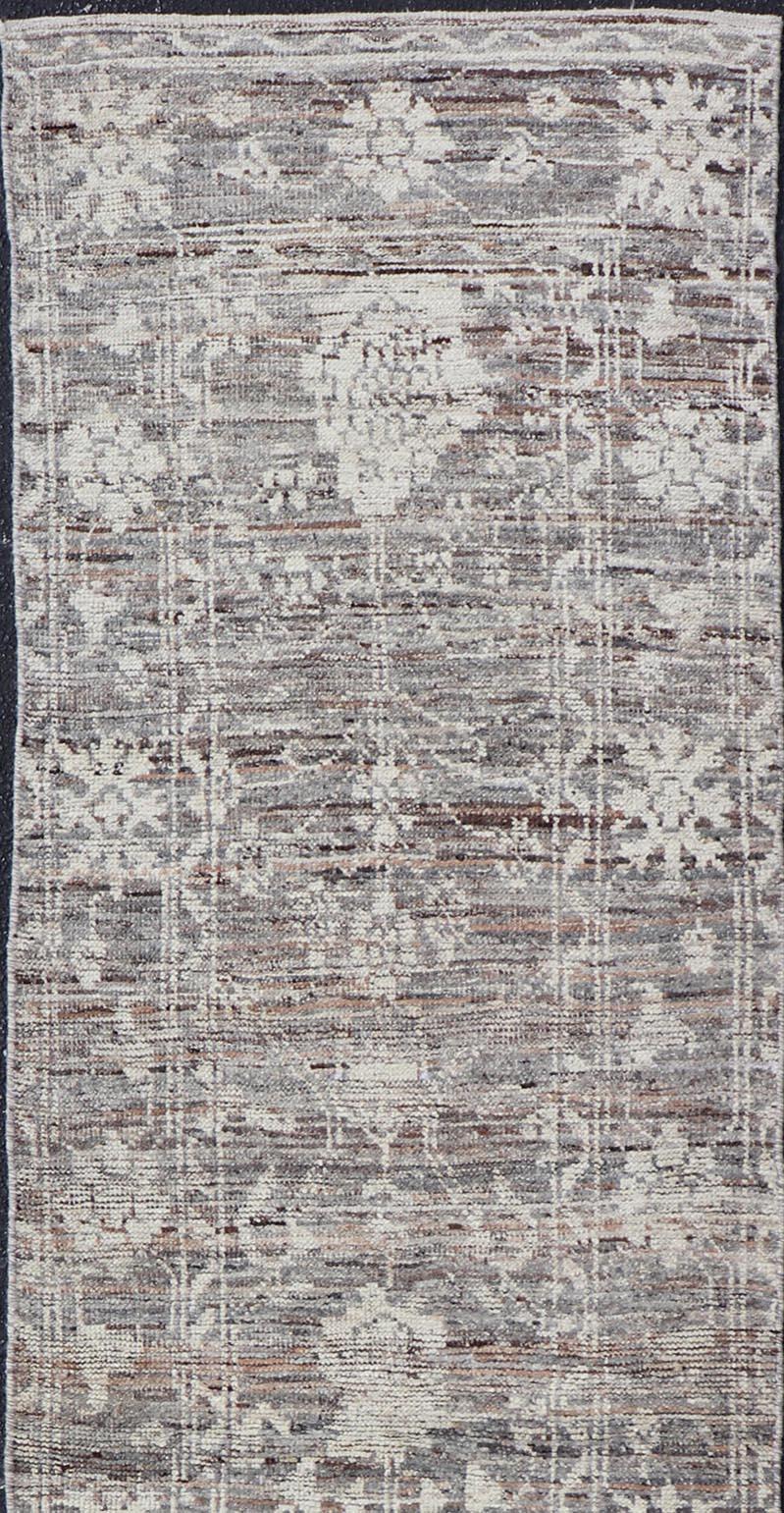 Modern Oushak Runner in Wool with Floral Design in Shades of Gray, Brown, Cream For Sale 3