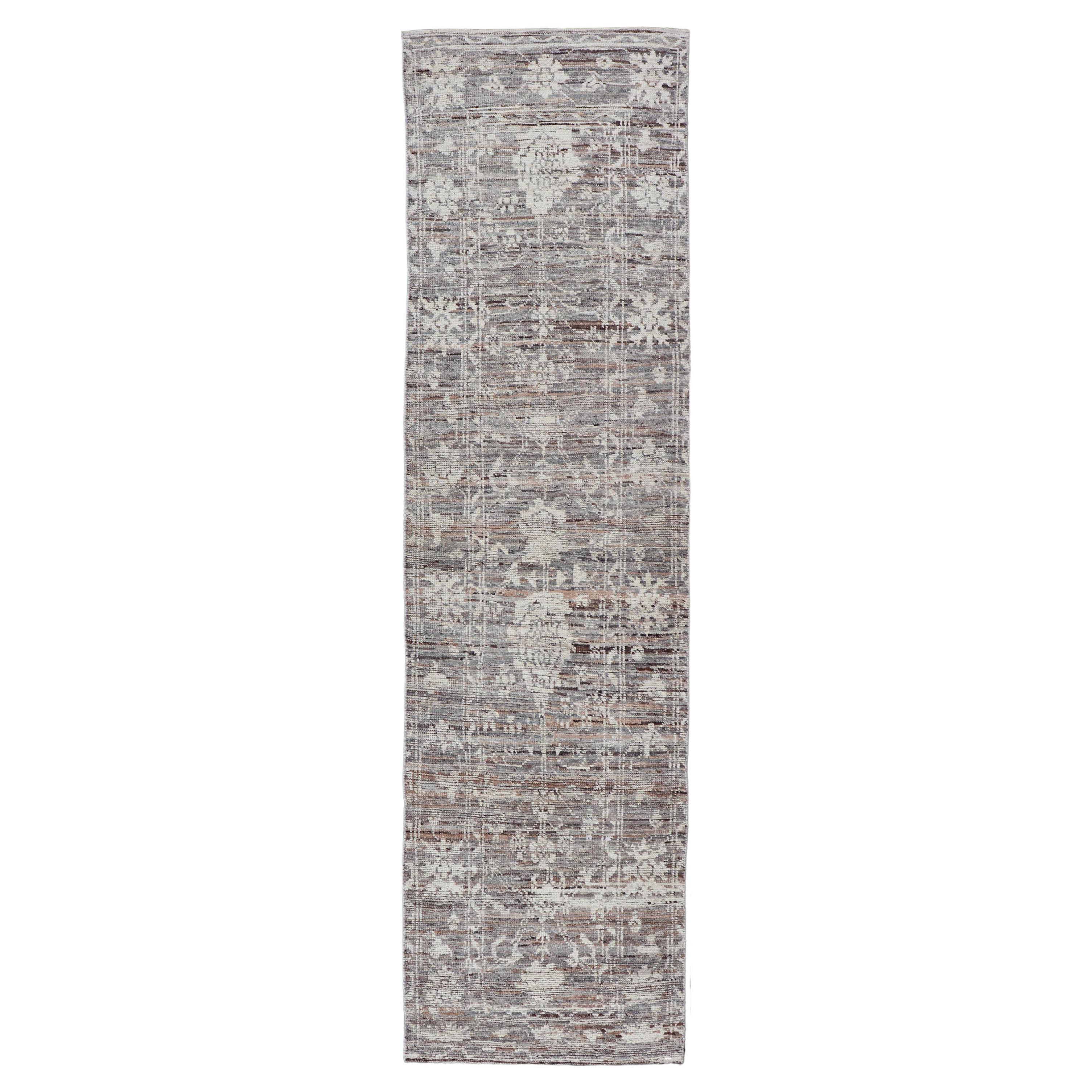 Modern Oushak Runner in Wool with Floral Design in Shades of Gray, Brown, Cream