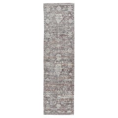 Modern Oushak Runner in Wool with Floral Design in Shades of Gray, Brown, Cream