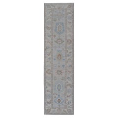 Oushak Runner on Light Cream Field and Colorful Motifs Of Blue & Green