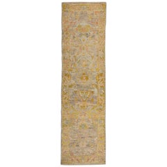 Modern Oushak Runner Rug from Turkey with Gold and Beige Floral Patterns