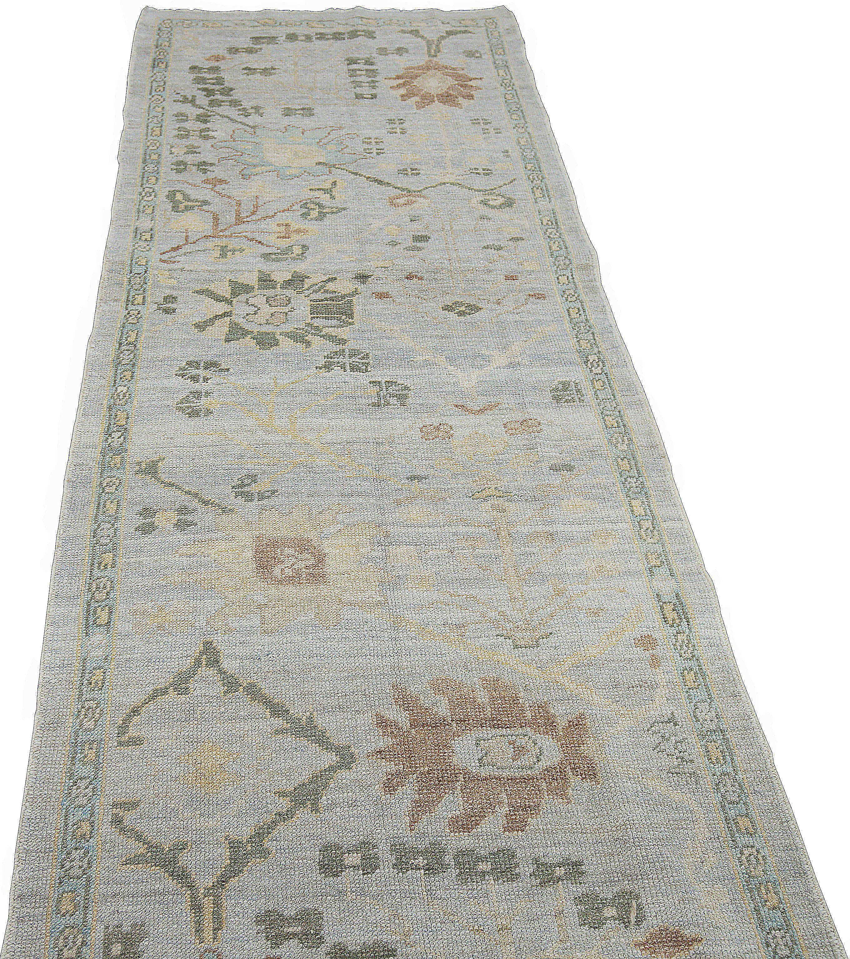 Turkish Modern Oushak Runner Rug in Gray with Floral Design Motifs in Brown and Green