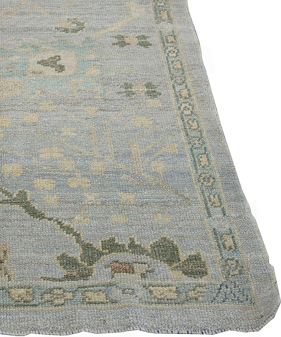 Hand-Woven Modern Oushak Runner Rug in Gray with Floral Design Motifs in Brown and Green