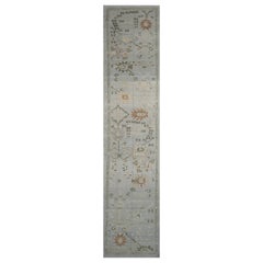 Modern Oushak Runner Rug in Gray with Floral Design Motifs in Brown and Green