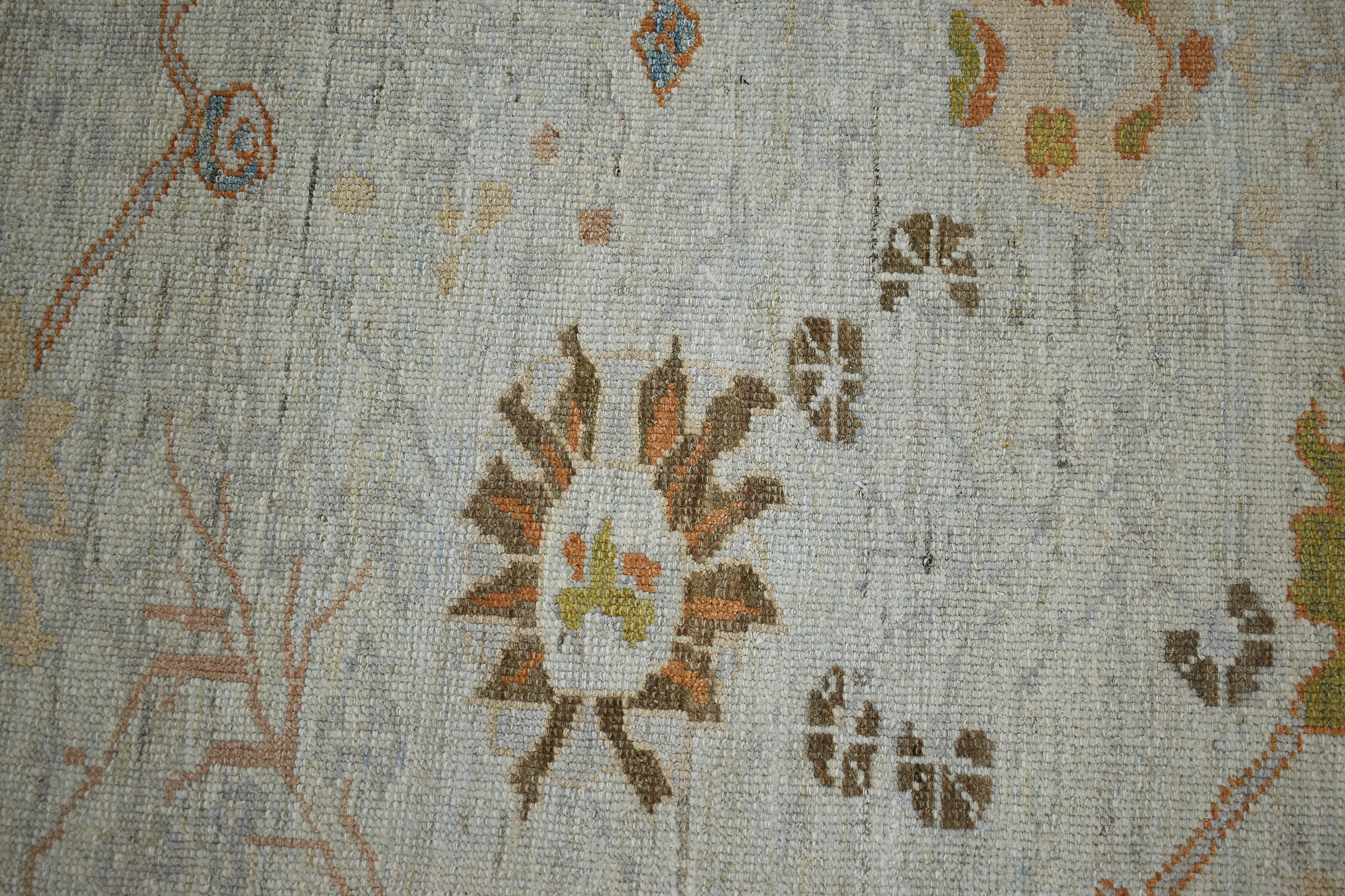 Turkish Modern Oushak Runner Rug with Flower Patterns in Brown and Navy on Gray Field For Sale
