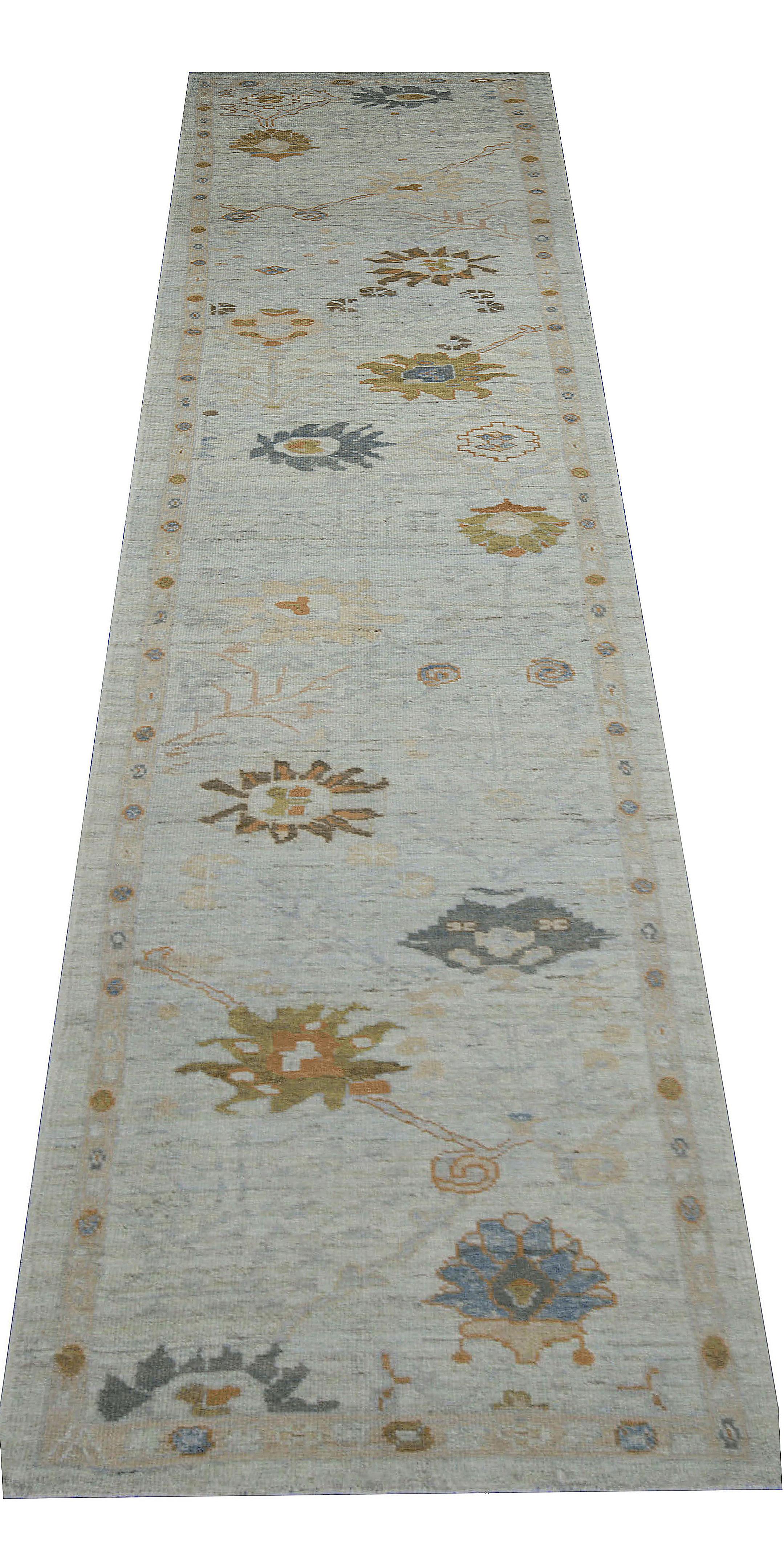 Hand-Woven Modern Oushak Runner Rug with Flower Patterns in Brown and Navy on Gray Field For Sale