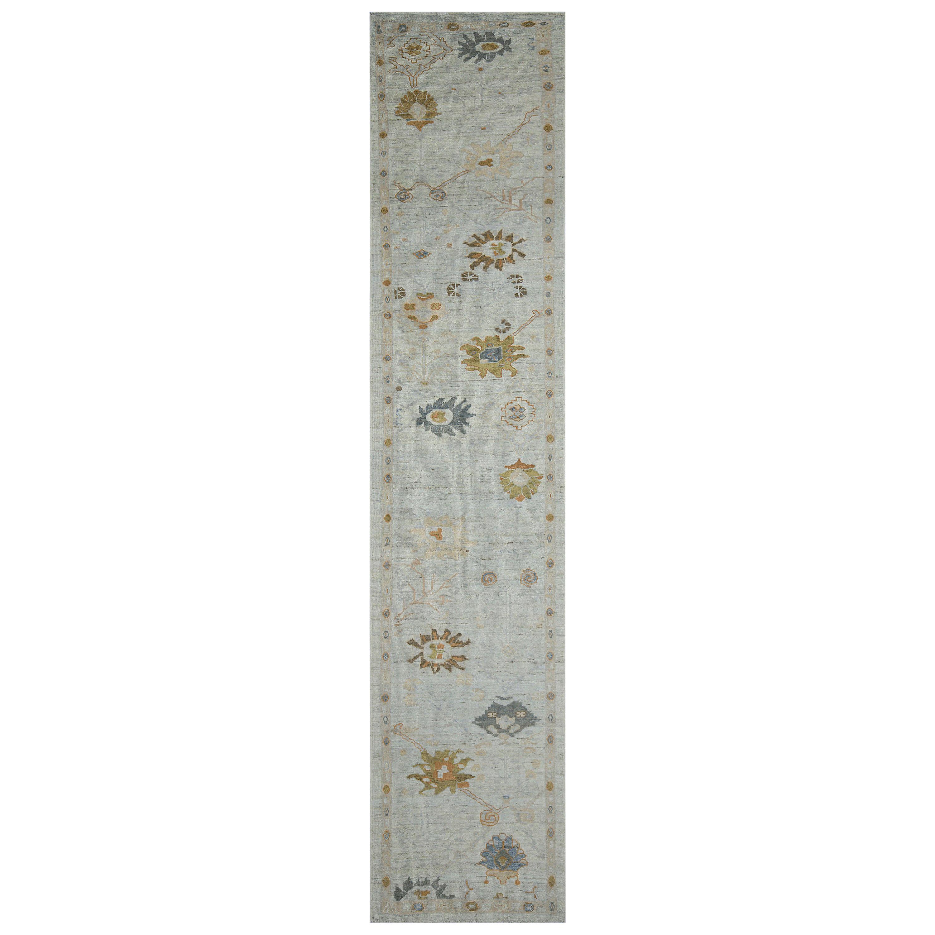 Modern Oushak Runner Rug with Flower Patterns in Brown and Navy on Gray Field