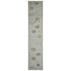 Modern Oushak Runner Rug with Flower Patterns in Brown and Navy on Gray Field