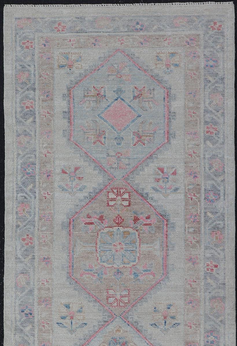 Hand-Knotted Modern Oushak Runner with Cream Background and Floral Medallions For Sale