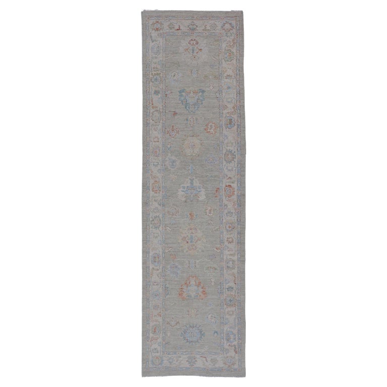 Modern Oushak Runner with Floral Motifs in Warm Gray, Taupe, Orange and