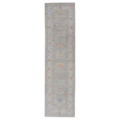 Modern Oushak Runner with Floral Motifs with Gray, Yellow, Orange 
Light Blue