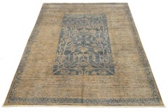 Tappeto moderno in lana blu in stile Oushak con design floreale