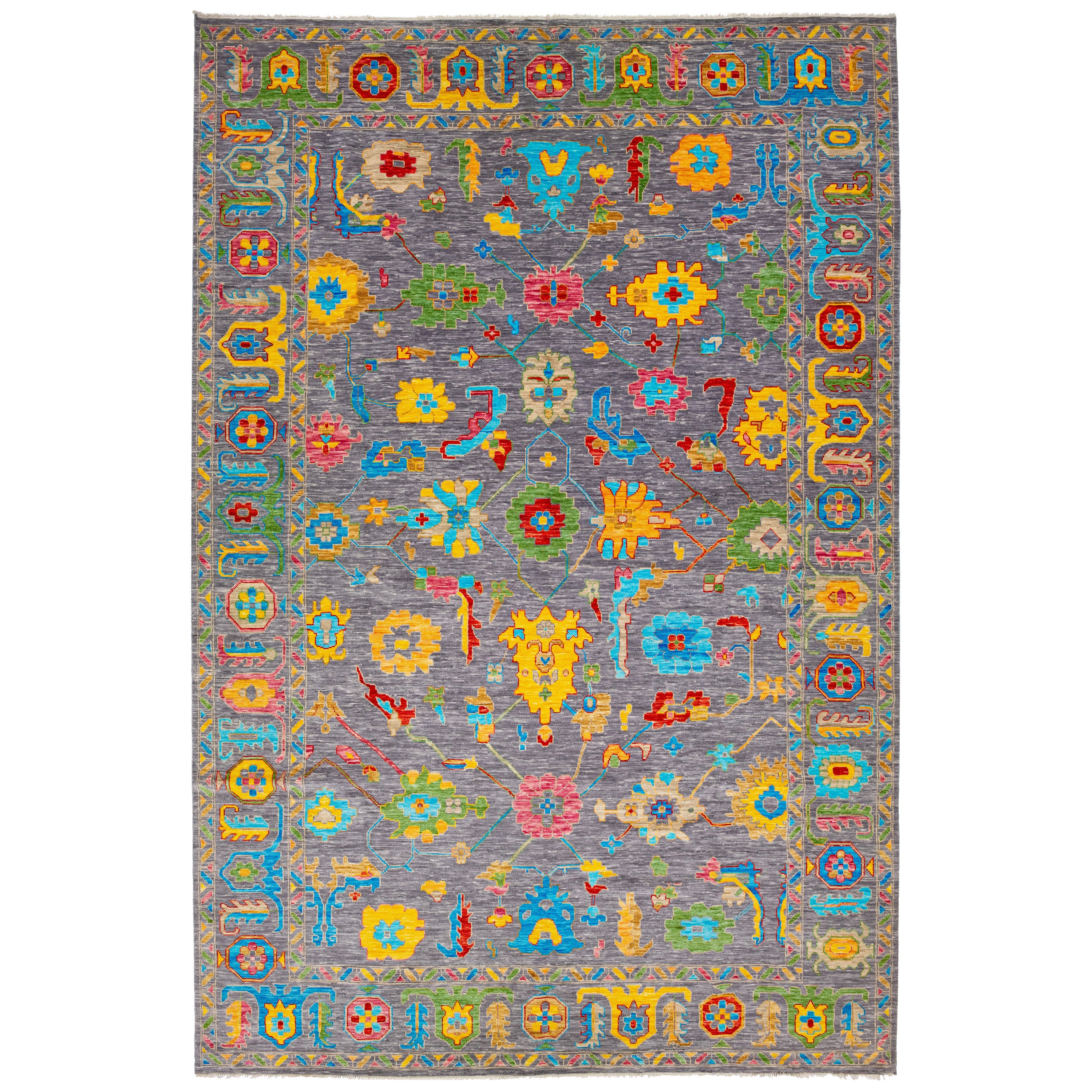 Modern Oushak Style Gray Wool Rug Features Allover Floral Pattern For Sale
