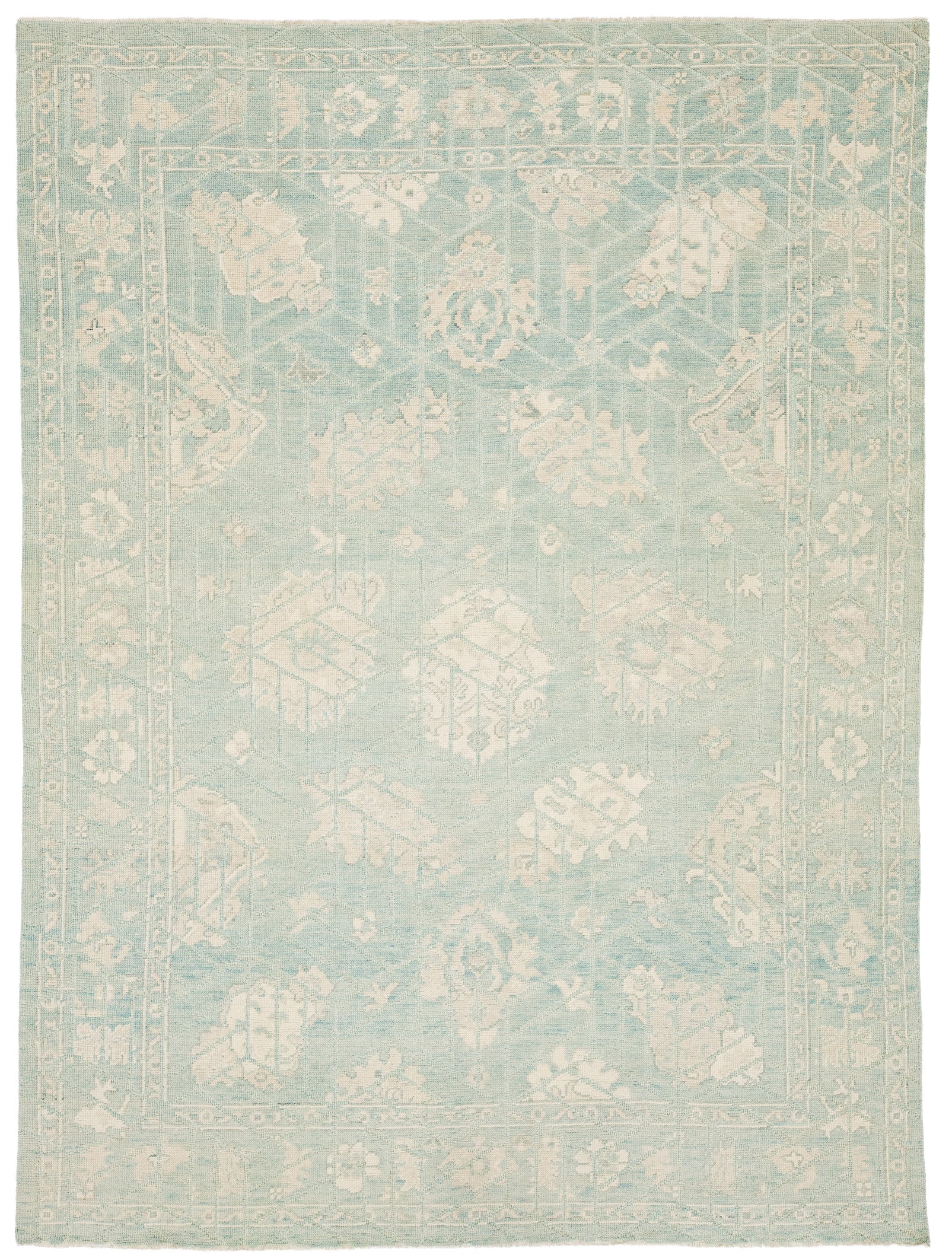 Modern Oushak Style Hand-Knotted Area Wool Rug – Seafoam & Ivory 9x12 For Sale