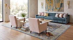 Modern Oushak Style Hand-Knotted Wool Area Rug in Charcoal, Sky Blue & Pastel
