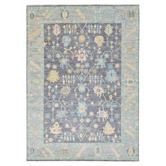 Modern Oushak Style Hand-Knotted Wool Area Rug in Charcoal, Sky Blue & Pastel
