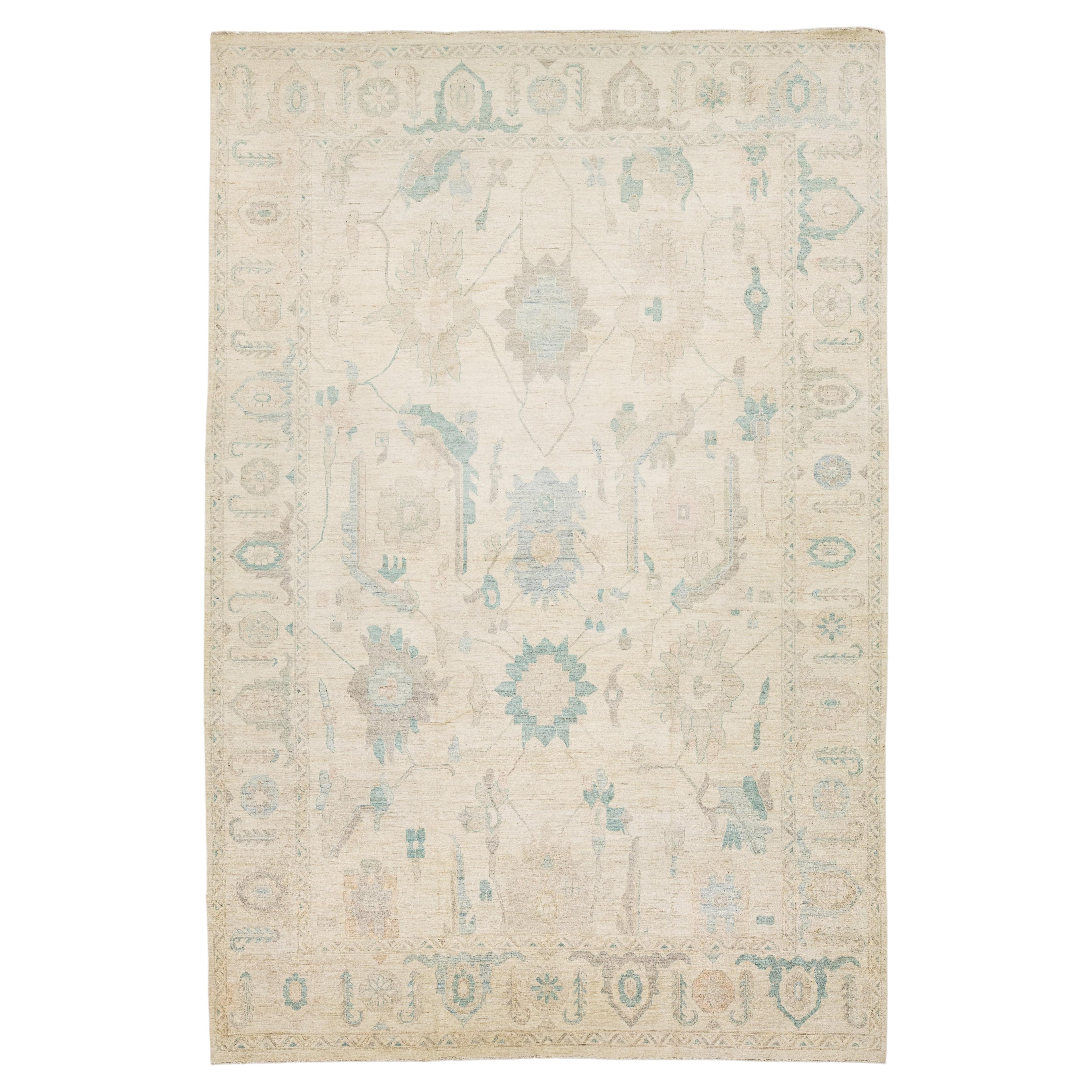 Modern Oushak Style Hand-Knotted Wool Area Rug in Neutral Beige & Soft Teal