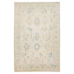 Modern Oushak Style Hand-Knotted Wool Area Rug in Neutral Beige & Soft Teal