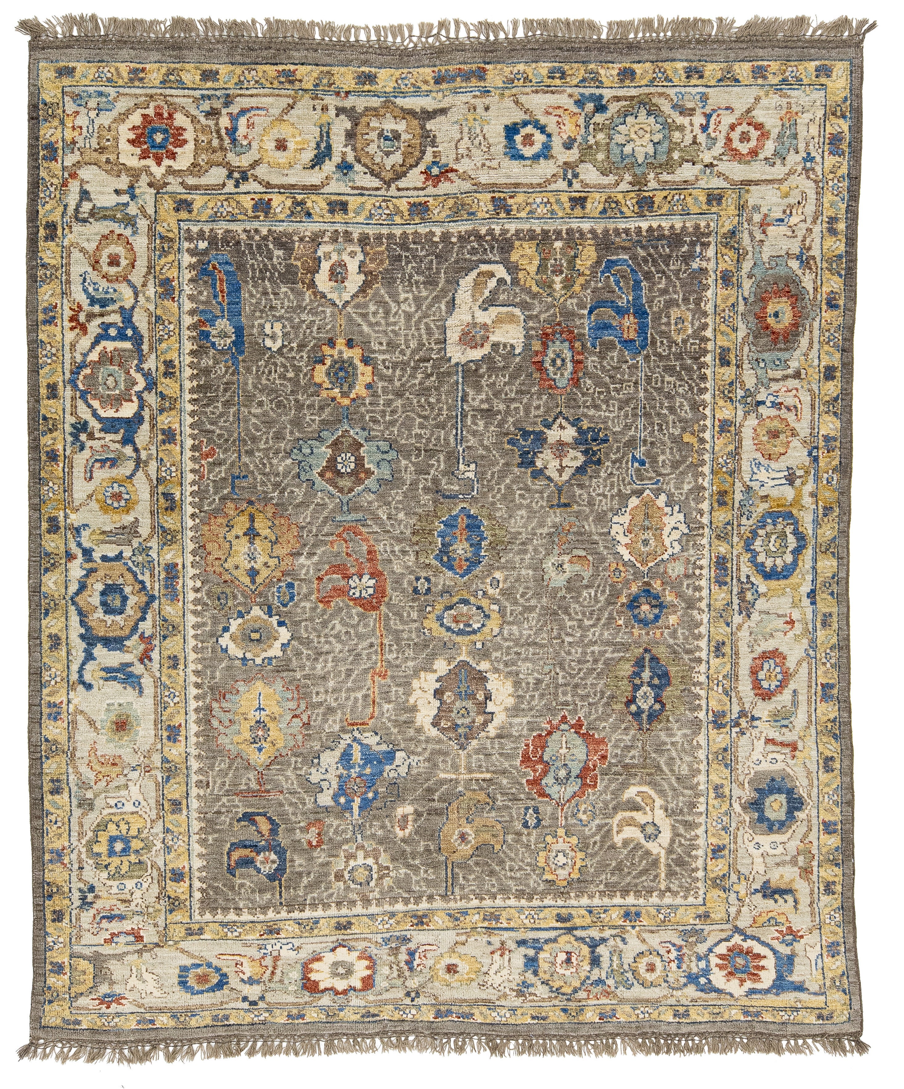 Modern Oushak Style Hand-Knotted Wool Area Rug in Taupe Grey with Vibrant Floral