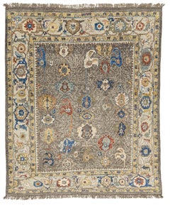 Modern Oushak Style Hand-Knotted Wool Area Rug in Taupe Grey with Vibrant Floral
