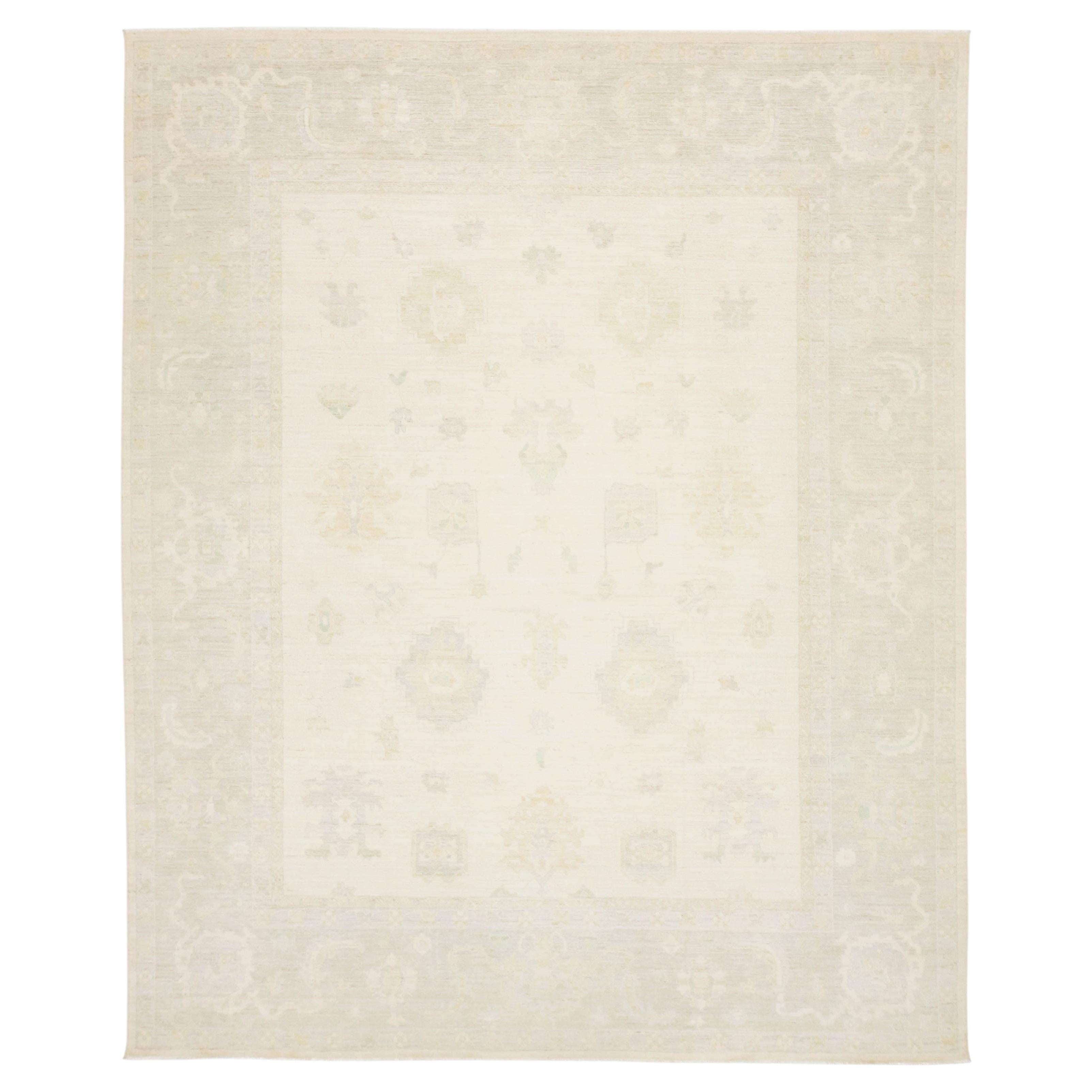 Modern Oushak Style Hand-Knotted Wool Area Rug – Ivory & Sage Transitional 12x15