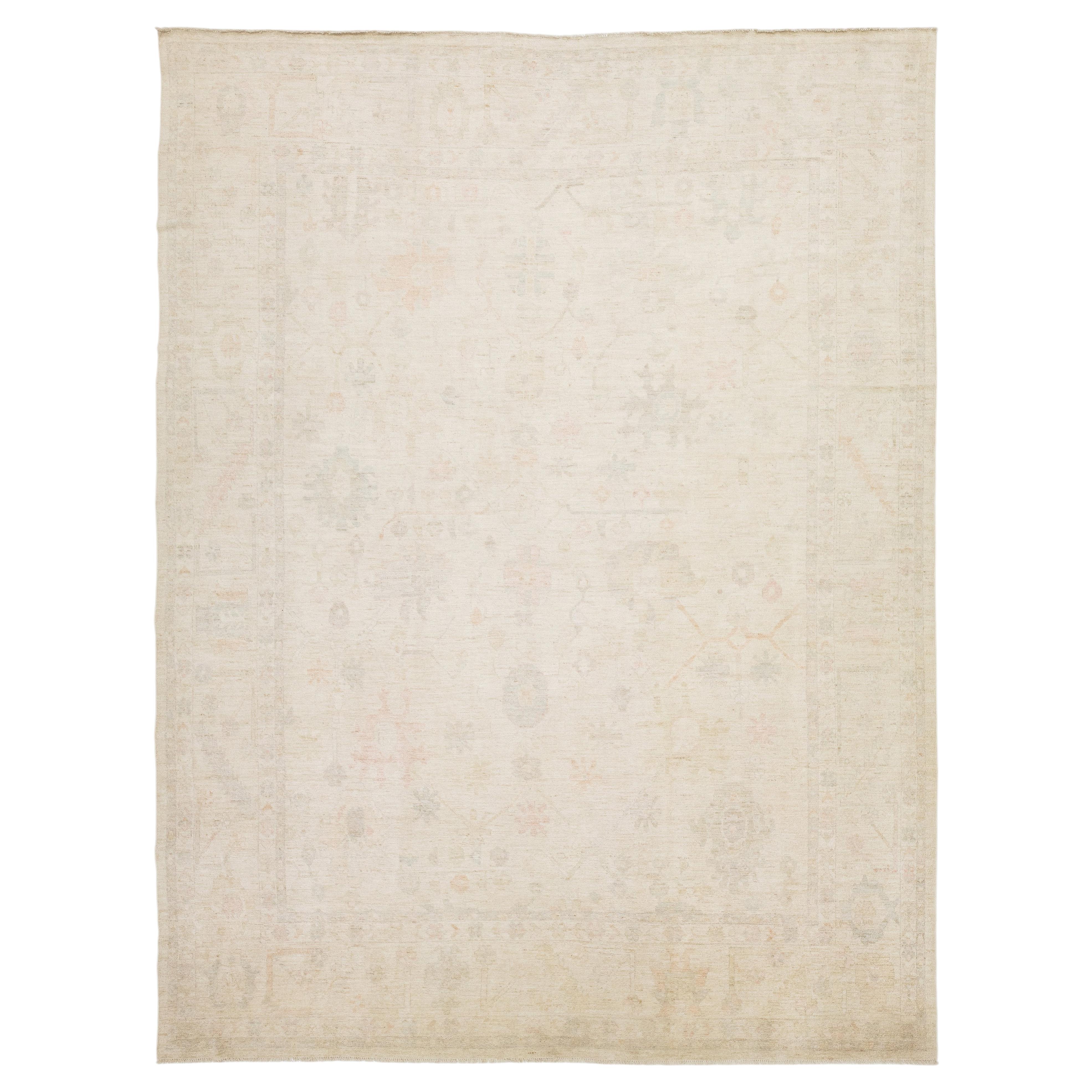 Modern Oushak Style Hand-Knotted Wool Area Rug – Muted Neutral Palette 12x15 For Sale