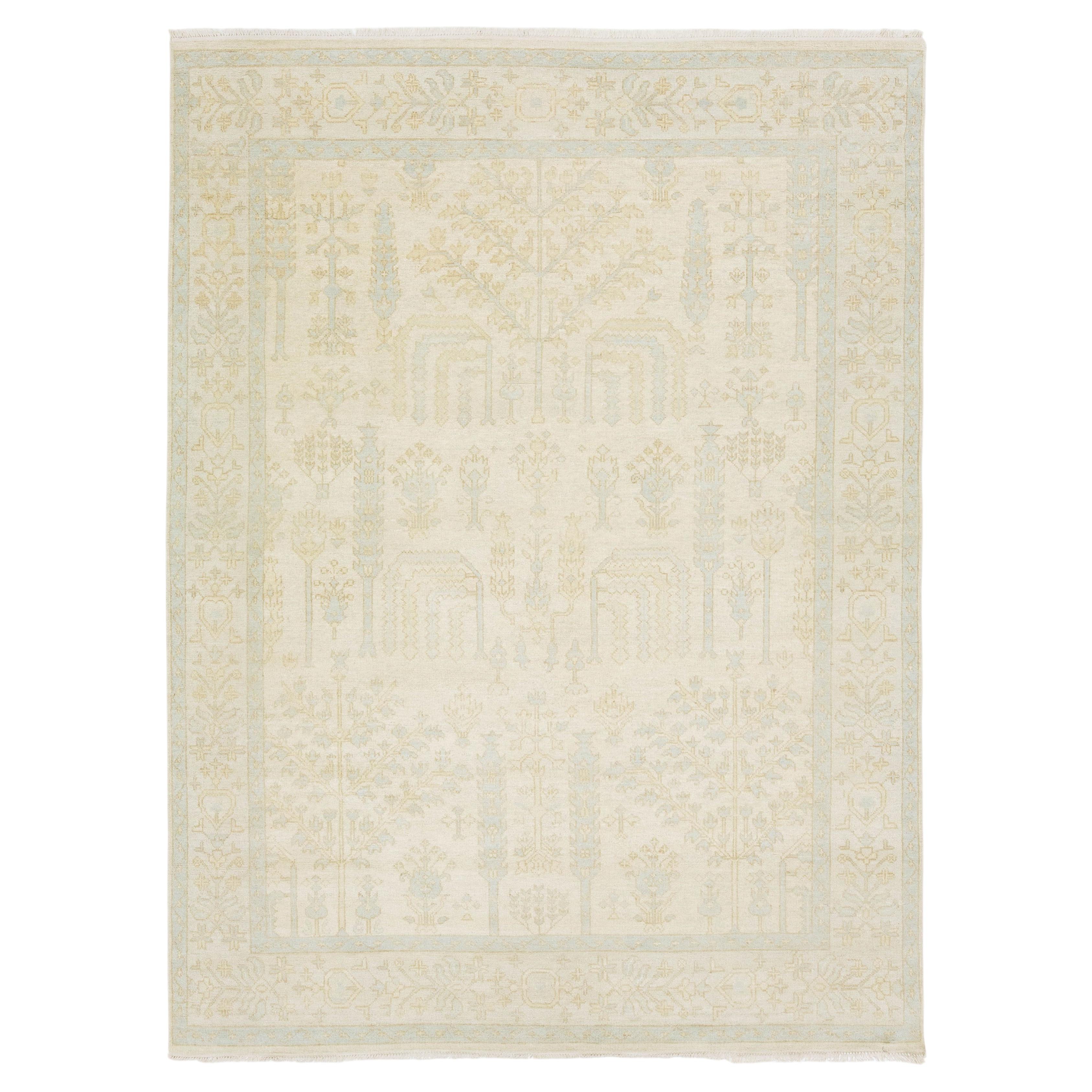 Modern Oushak Style Hand-Knotted Wool Area Rug – Pale Ivory & Soft Sage 9x12