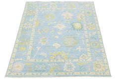 Modern Oushak Style Hand-Knotted Wool Area Rug - Powder Blue & Citron Floral