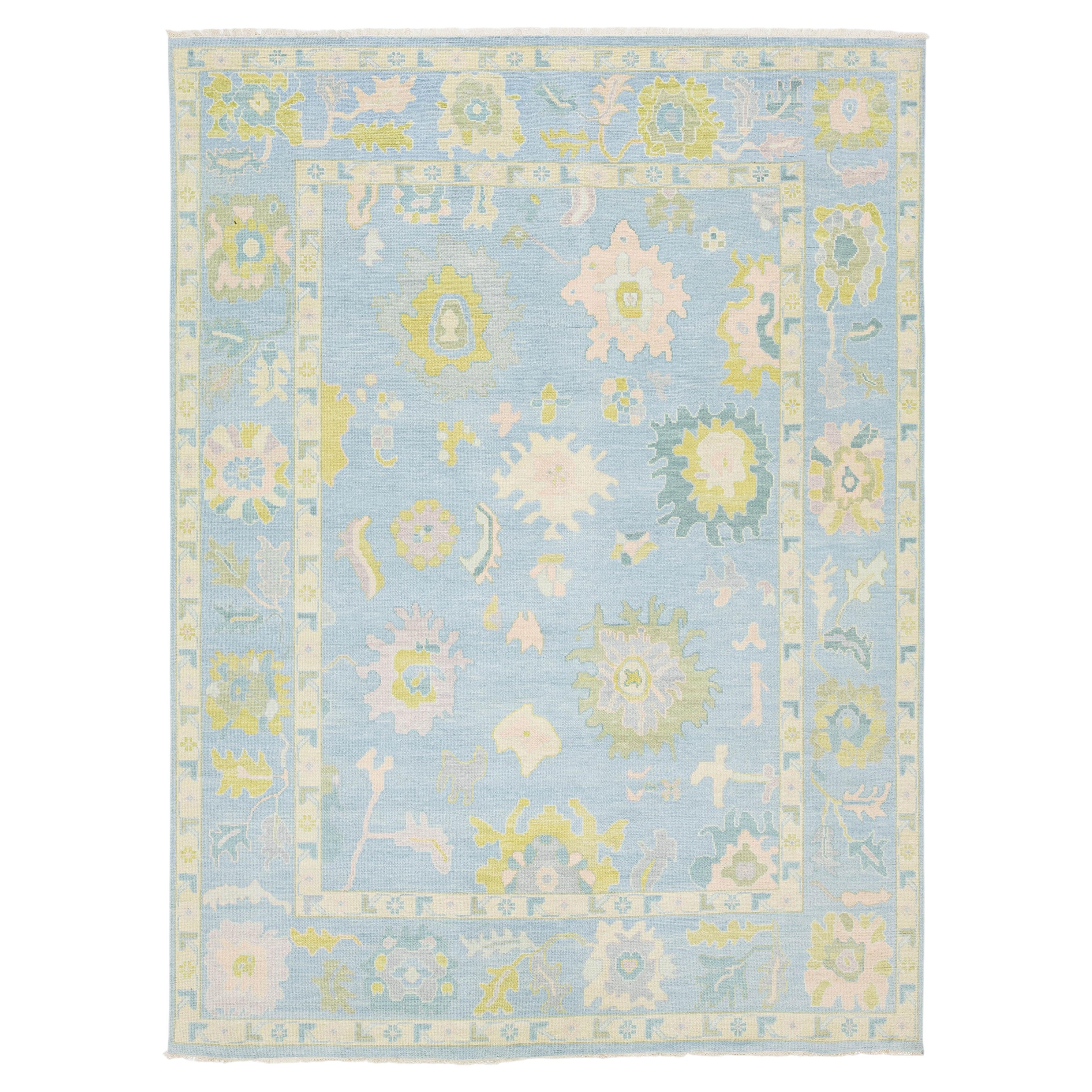 Modern Oushak Style Hand-Knotted Wool Area Rug - Powder Blue & Citron Floral For Sale