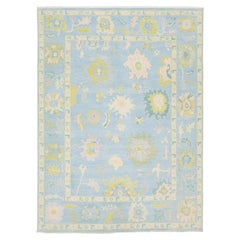 Modern Oushak Style Hand-Knotted Wool Area Rug - Powder Blue & Citron Floral