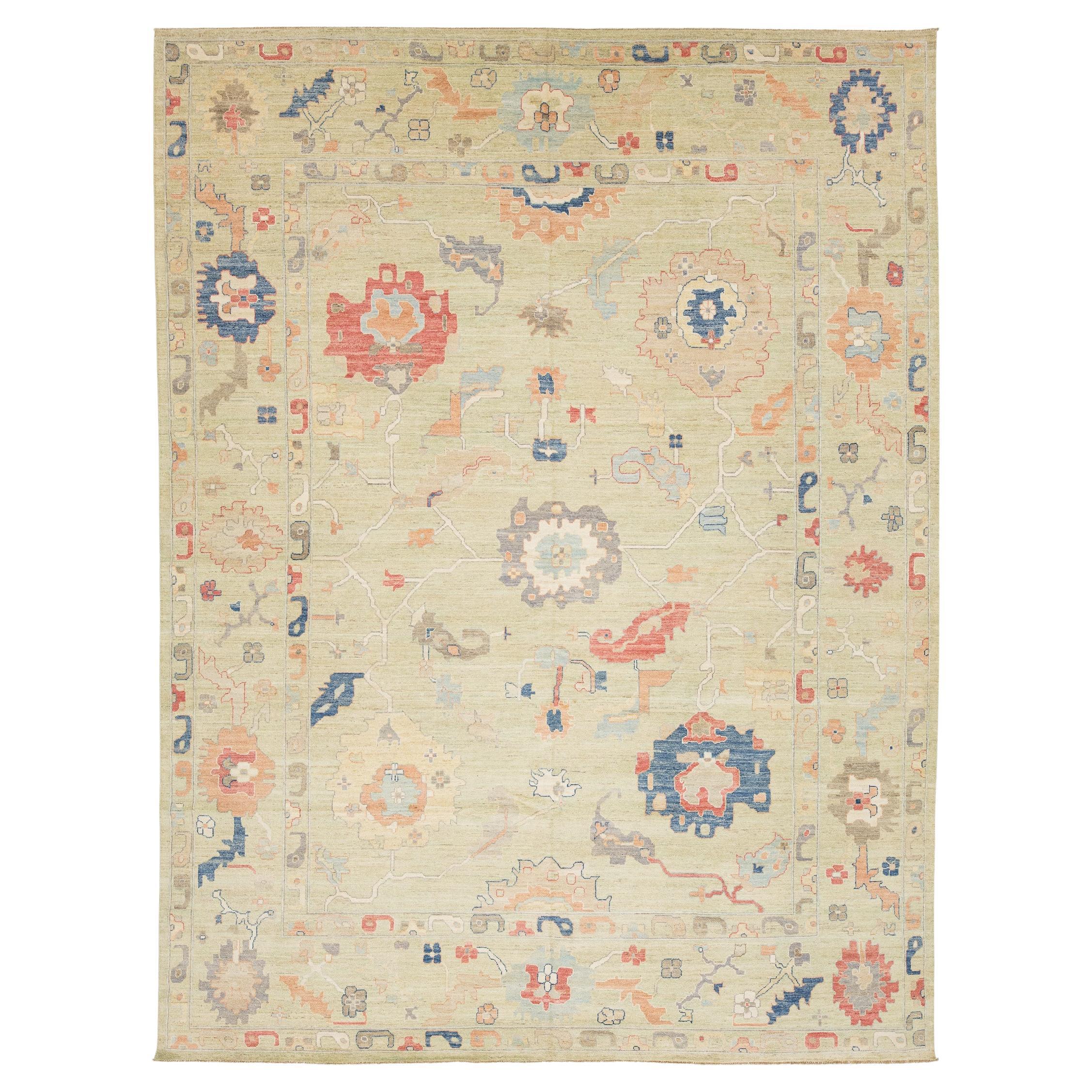 Modern Oushak Style Hand-Knotted Wool Area Rug – Sage Green & Multi 12x16