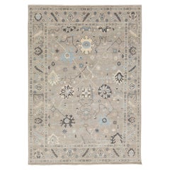 Alfombra moderna de lana anudada a mano estilo Oushak - Diseño floral en salvia y pizarra 9x12