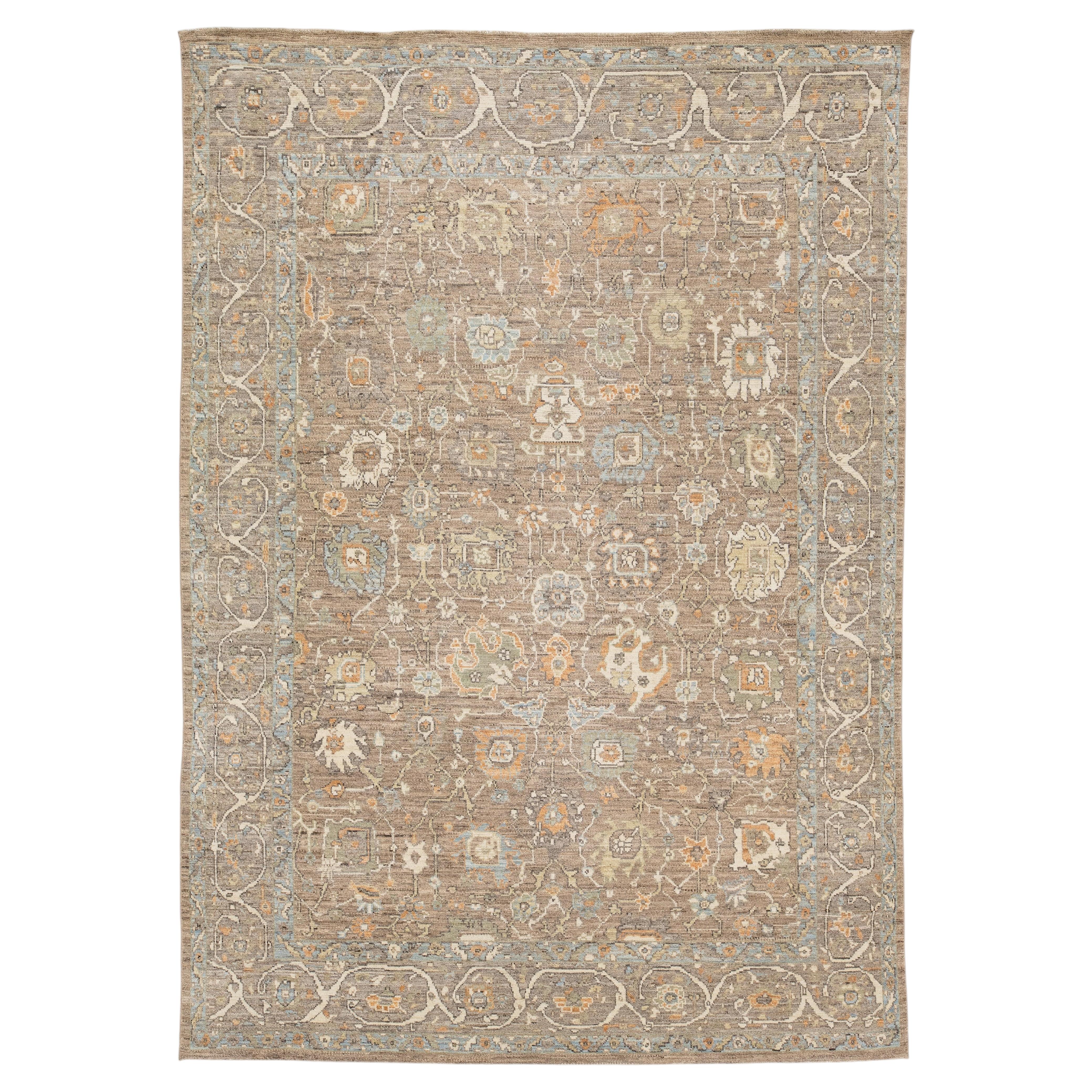 Modern Oushak Style Hand-Knotted Wool Rug in Earthy Taupe, Sage & Terracotta