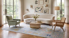 Modern Oushak Style Hand-Knotted Wool Rug in Ice Blue, Blush & Sage