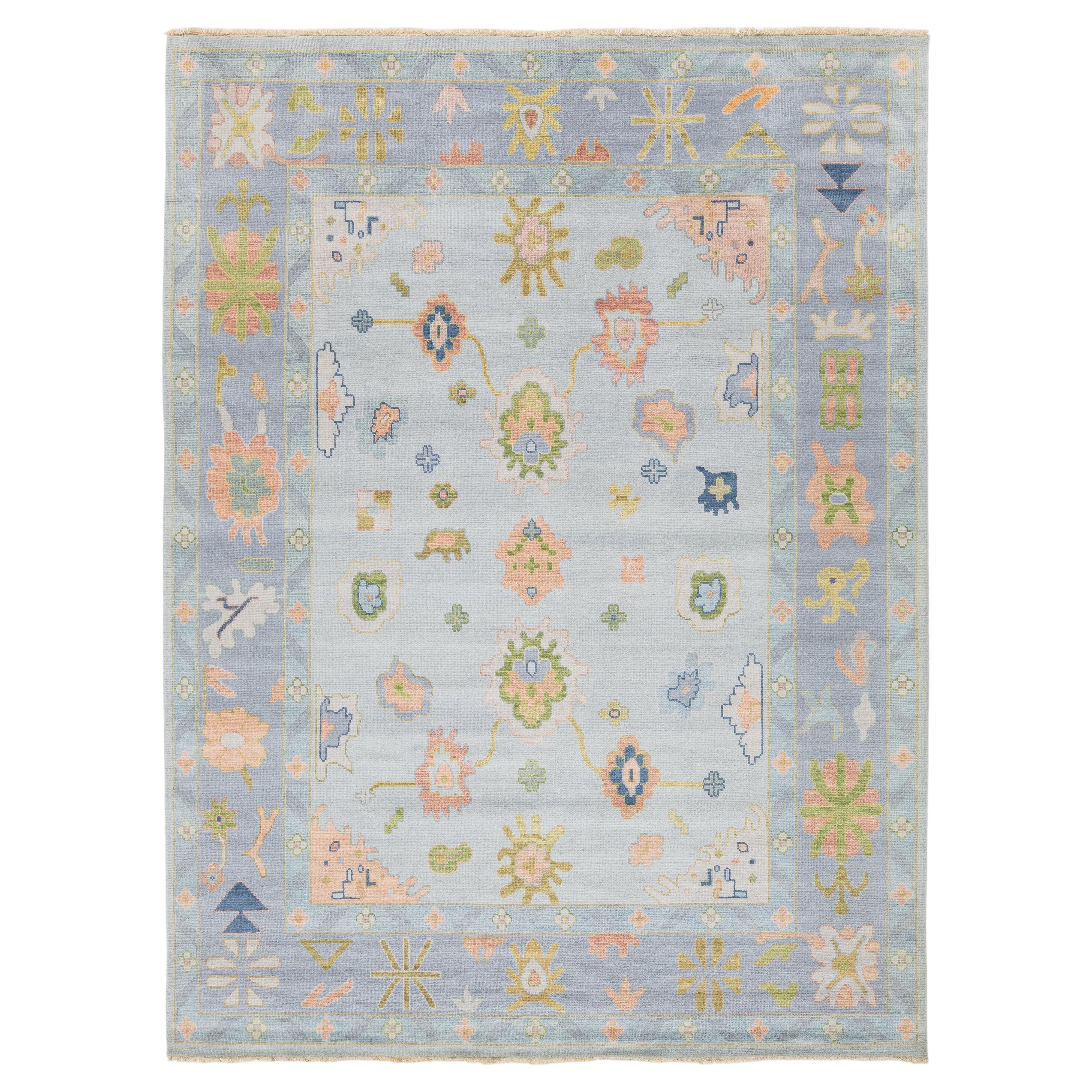 Modern Oushak Style Hand-Knotted Wool Rug in Ice Blue, Blush & Sage