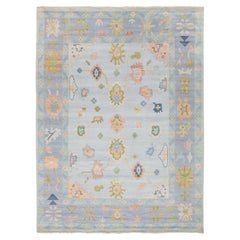 Modern Oushak Style Hand-Knotted Wool Rug in Ice Blue, Blush & Sage
