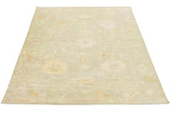 Modern Oushak Style Hand-Knotted Wool Rug Muted Sage & Apricot Floral Design