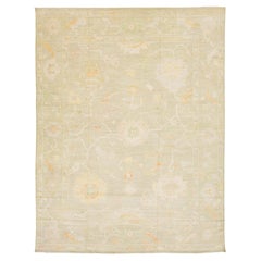 Modern Oushak Style Hand-Knotted Wool Rug Muted Sage & Apricot Floral Design