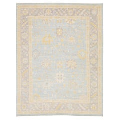 Modern Oushak Style Hand-Knotted Wool Rug - Pastel Blue, Gold & Ivory 9x12