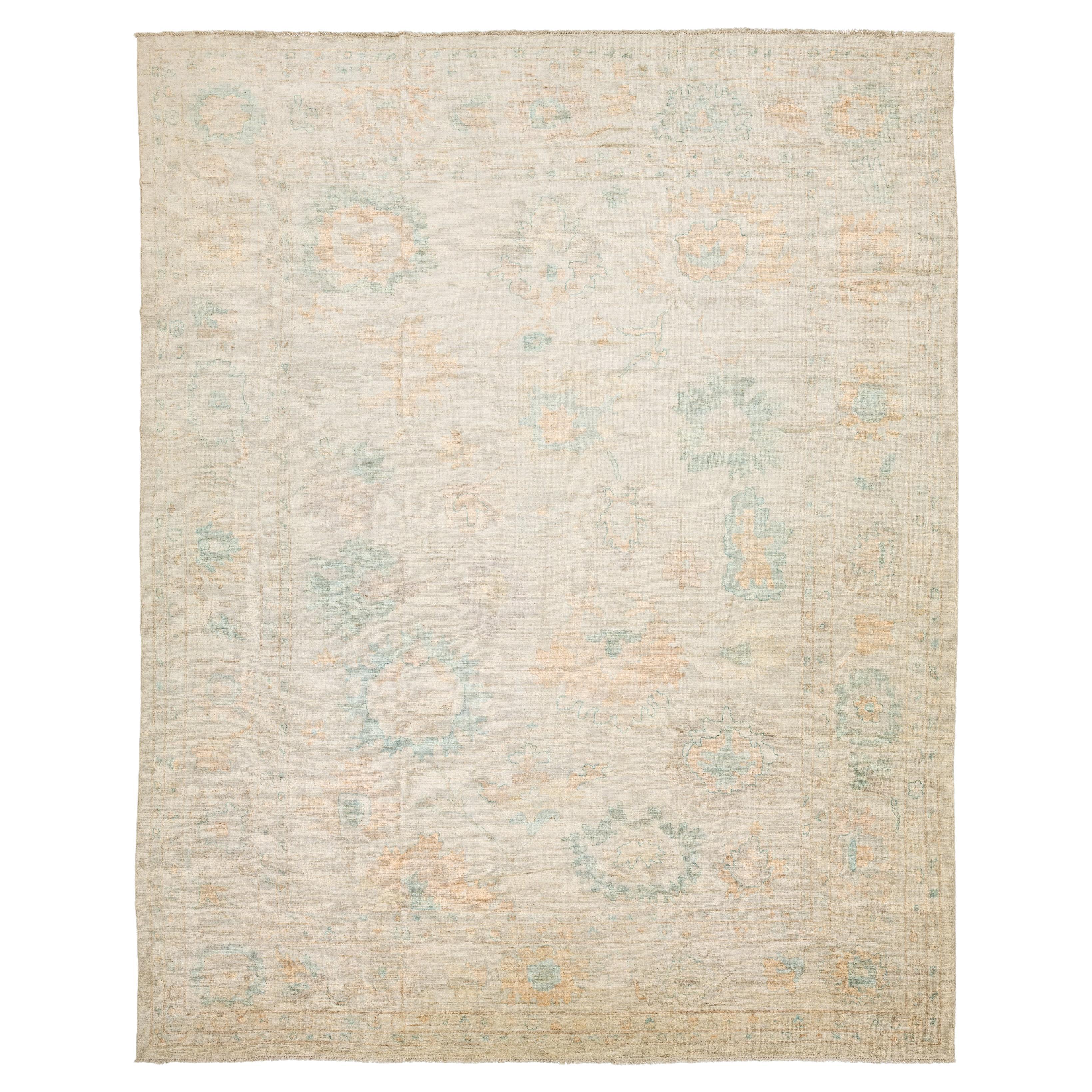 Modern Oushak Style Hand-Knotted Wool Rug - Pastel Floral & Citron For Sale