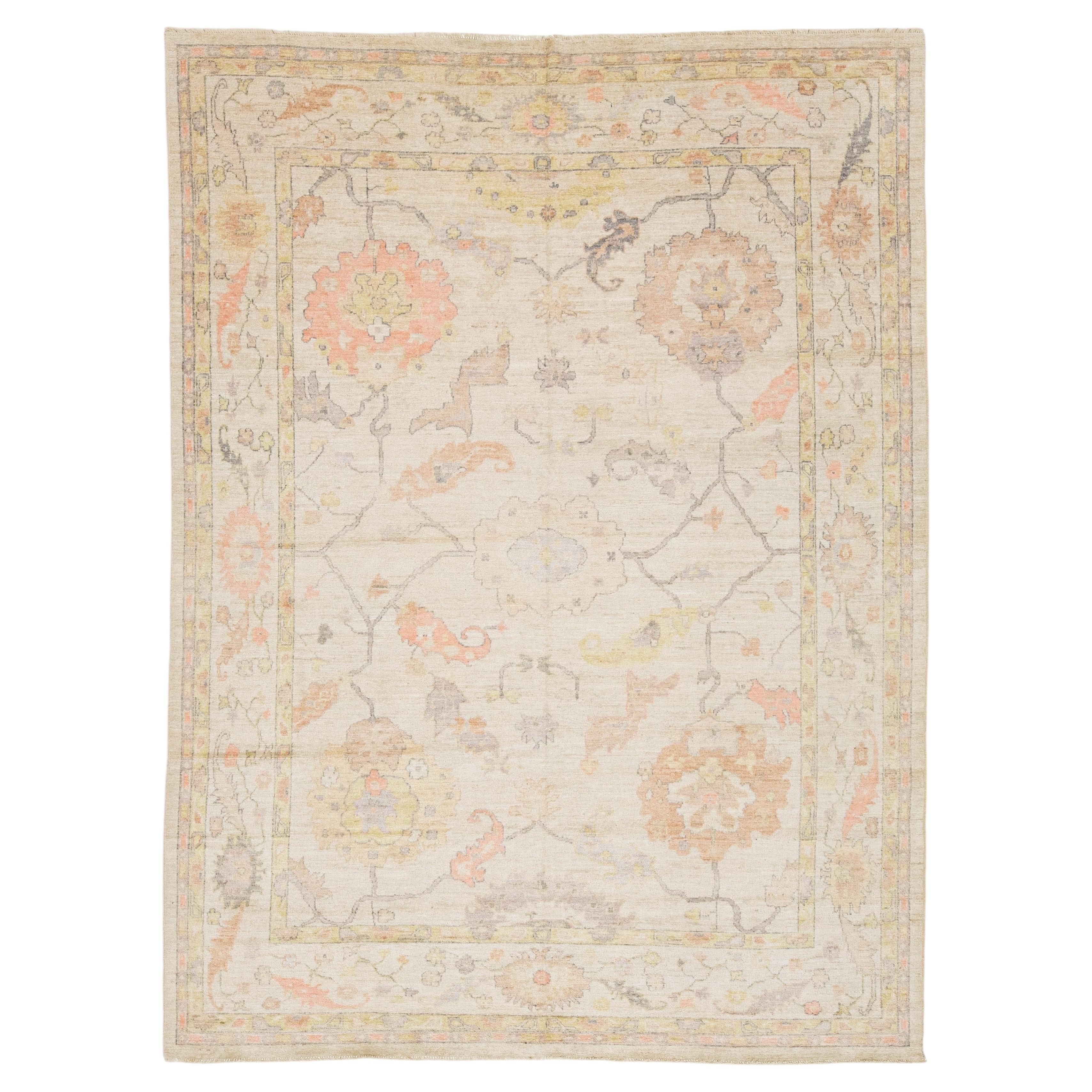 Modern Oushak Style Hand-Knotted Wool Rug - Pastel Floral Transitional Area Rug